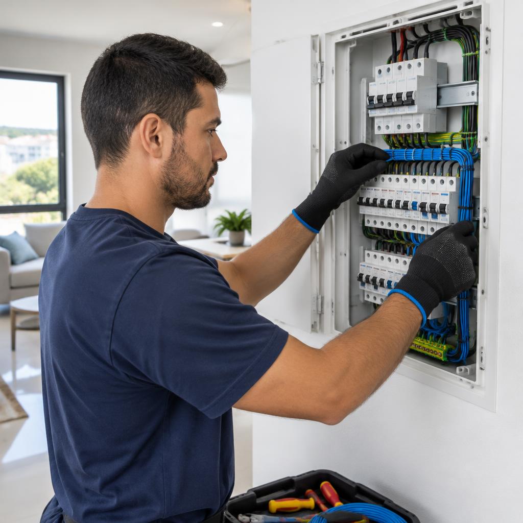 Imagem ilustrativa de profissional trabalhando em um quadro de distribuição elétrica