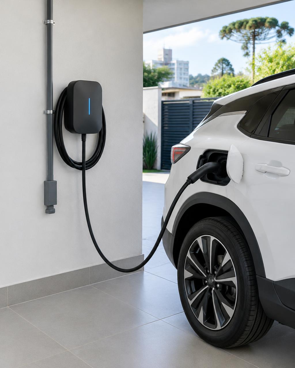 Imagem ilustrativa de wallbox conectado a um carro elétrico em uma garagem